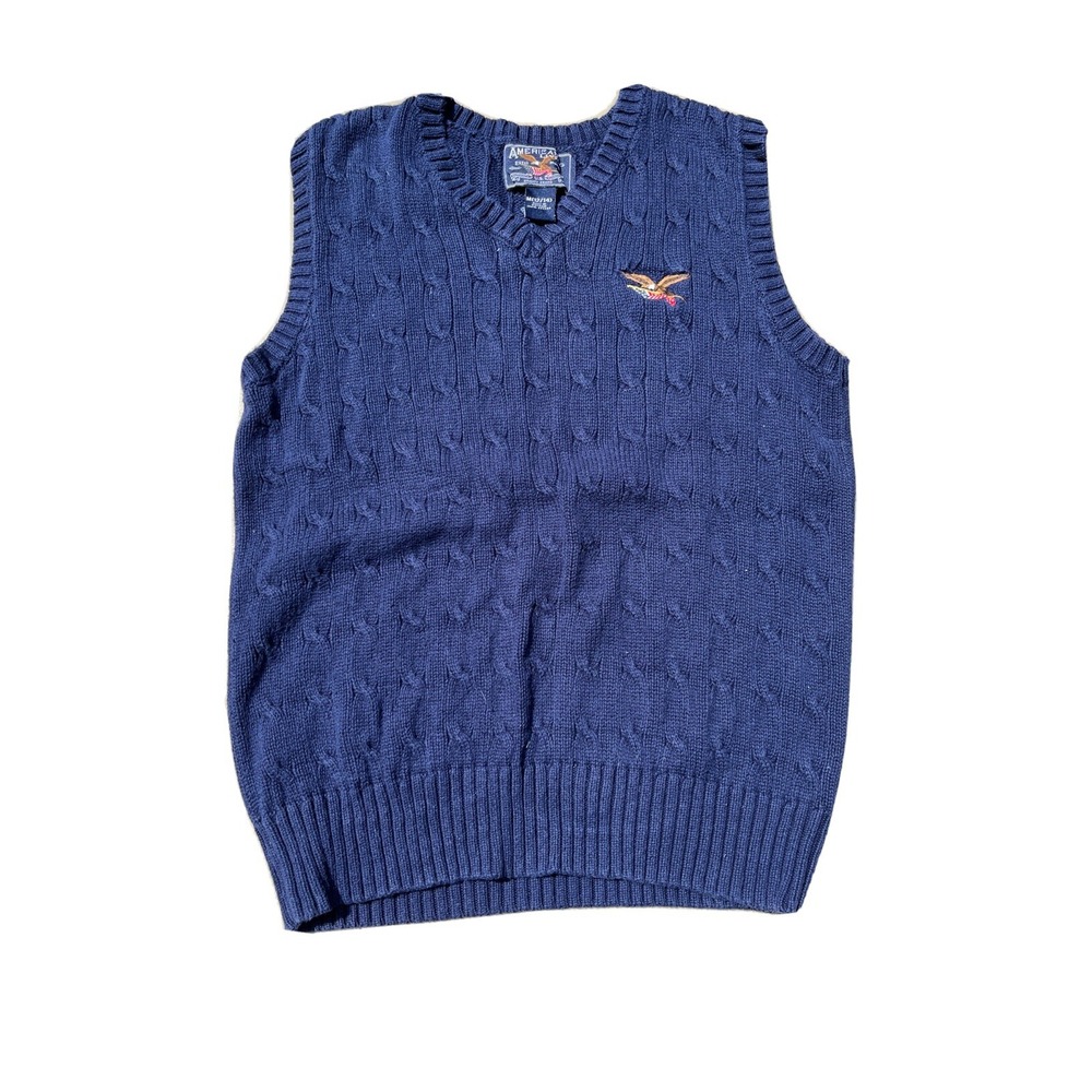 Youth Navy Blue 12/14 Medium Sweater Vest Embroidered Eagle W/ American Flag
